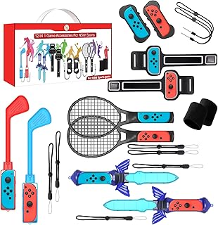 KASTWAVE for Nintendo Switch Sports Accessories 12 in 1 Sports Accessories Bundle for Switch Sports Games, Family Accessories Kit for Switch/OLED Sports Games: Golf Clubs, Tennis Rackets, Sword Grips