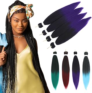 Yamel Pre Stretched Braiding Hair Ombre Black to Purple Long 24 inch 4 Bundles Yaki Easy Braids Synthetic Braid Hair Extensions for Braiding