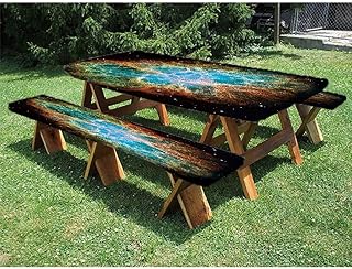 Outer Space Picnic Table and Bench Fitted Tablecloth Cover, Image of Crab Nebula in Early Age Clean Version of Original Space Print, for Outdoor/BBQ/Camping, 28 x 72 Inch Black Teal Orange