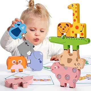 Bambilo 10pcs Animals Wooden Stacking Blocks, Montessori Balance Games for Toddlers Boys Girls Kids Fine Motor Skills Educational