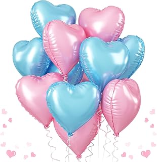 Pink Blue Heart Balloons, 18 Inch Pastel Blue Pink Foil Heart Balloons Pearl Pink Blue Heart Shape Mylar Balloons Baby Blue and Pink Party Balloon for Baby Shower Gender Reveal Birthday