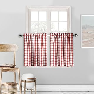 Amzdecor Red Buffalo Check Curtains for Kitchen Rod Pocket Bathroom Curtain Thick Yarn Dyed Buffalo Check Rod Pocket Curtain Set Short Kitchen Window Curtains 28 Inch