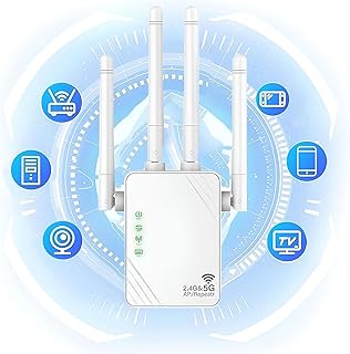 لينجي موسع واي فاي، مكرر واي فاي، مضخم معزز 1200Mbps 2.4 و5GHz ثنائي النطاق (8500 قدم مربع)، 4 هوائيات تغطية كاملة 360 درجة، إشارة مزدوجة النطاق، اختراق قوي، يدعم منفذ ايثرنت ووضع AP