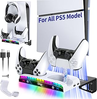 حامل جداري RGB لجهاز تشغيل العاب الفيديو الرقمية PS5 سليم / PS5 مع قاعدة شحن - معدني ثابت شاحن وحدة تحكم 15 مصباح وحامل سماعة راس و3 محاور USB لاجهزة بلاي ستيشن 5 ديسك ورقمية ابيض