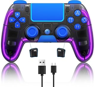 Wireless Controller for PS4 with Hall 3D Remote Joystick/Touchpad/LED Lights, Custom Clear PS4 Remote Game Controller for PlayStation 4 Accessories (Blue)