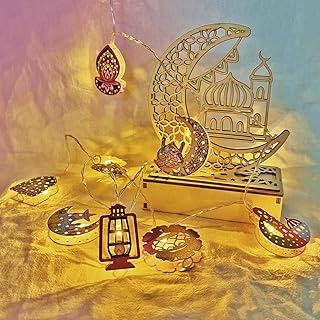 اضواء رمضان الخيالية 20 مصباح LED معدني، نجوم قمر زينة رمضان، زينة عيد مبارك، اضواء زينة رمضان، فانوس اضواء خيالية ملونة للحفلات الاسلامية ثلاثية الابعاد (10 قدم)