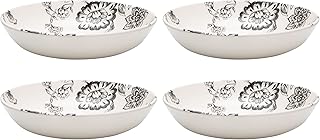 Wade WA967043BLK Botanical Night Set of 4 Pasta Bowls with Black Floral Design, Crafted from Earthenware, Made in Stoke-on-Trent, 22.5cm, Black