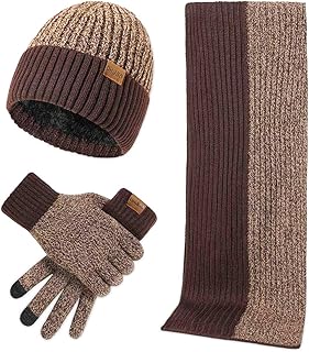 LumiSyne Winter 3 In 1 Mütze Schal Handschuh Sets Für Herren Damen Mode Einfache Zweifarbige Jacquard Touchscreen Handschuhe Beanie Strickmütze Langer Schal Verdickte Und Weiche Wolle