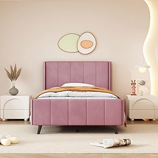 LUSPAZ Twin Size Upholstered Velvet Platform Bed with Pull Point Headboard, Solid Wood Bed Frame, Wood Slat Support, No Box Spring Need and Easy to Assembly, for Bedroom, Apartment, Guest Room, Pink