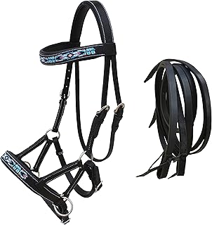 Horse Western Black Leather Beaded Bitless Padded Sidepull Bridle w/Reins 77RS14