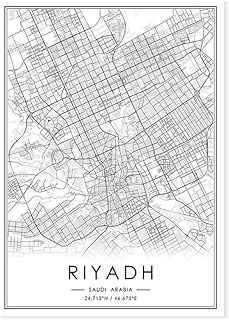 لوحة فنية جدارية مطبوعة على القماش بخريطة مدينة الرياض بالمملكة العربية السعودية، لوحة فنية عصرية باللونين الابيض والاسود، هدية تذكارية لديكور المنزل لغرفة المعيشة وغرفة النوم، 100 × 140 سم بدون اطار
