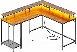 سوبرجاري مكتب العاب على شكل حرف L مع مصابيح LED ومنافذ طاقة، مكتب كمبيوتر مع حامل شاشة، مكتب زاوية مكتب منزلي مع خطافات لسماعة الراس، بني ريفي