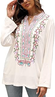 AK Embroidered Tops for Women 3/4 Sleeve Bohemian Mexican Floral Peasant Shirts Loose Tunic Blouses