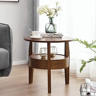 Coffee Tables, with 2-Tier Storage Shelf Drawer Solid Wood Bedside Table Round Coffee Tables Home Decoration,Walnut Color