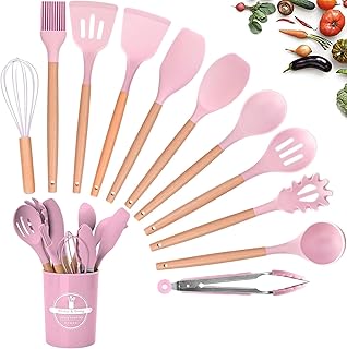 Kitchen Utensil Set, 12 PCS Silicone Cooking Utensils Set with Wooden Handle, Non-Stick Cooking Spoons Utensil Sets Silicone Kitchen Utensils Set Heat Resistant Silicone Kitchen Gadgets Utensil Set