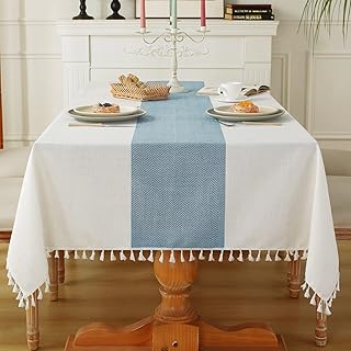 Xiao Hua Tablecloth for Dining Table Rustic Farmhouse Kitchen Table Cloth Coffee Table Cover, Cotton Linen Fabric Small Rectangle Table Cloths, Beige, Blue Stripe, 55x70 Inch