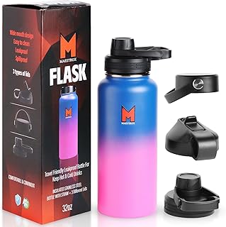 Maestrox Stainless Steel Insulated Water Bottle with Straw & 2 Extra Lids, Double Wall Vacuum Flask, 12hrs Hot & 24hrs Cold Drinks, Leakproof Double Wall Drinking for Kids, Gym, Sports, Travel