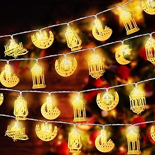 اكسوهال سلسلة مصابيح رمضان والعيد بطول 10 اقدام و20 مصباح LED للعيد والقمر والنجمة والكيروسين تعمل بالبطارية لتزيين المنزل والاماكن الداخلية والخارجية والحفلات من قطعتين، أسود