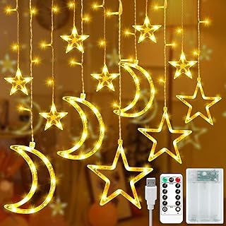 زينة رمضان للمنزل، ستارة بتصميم نجوم وقمر، أضواء رمضان لديكور غرفة النوم، مع جهاز تحكم عن بعد وحافظة بطارية، أضواء خيالية تعمل بالطاقة لنافذة رمضان وديكور الزفاف (تصميم 1)، من ياويلتي