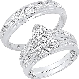 Dazzlingrock Collection 0.12 Carat (ctw) Round White Diamond Marquise Framed Wedding Trio Ring Set for Men & Women in 925 Sterling Silver