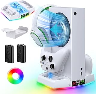 حامل تبريد وقاعدة شحن RGB لجهاز Xbox Series S مع اضاءة RGB، مروحة تبريد مينيا وملحقات شاحن سريع مع بطاريتين قابلتين لاعادة الشحن 1400mAh، خطاف سماعة راس [ليس Xbox One S]، USB، ابيض