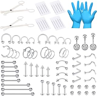 66-113pcs Mixed Piercing Kit,Piercing Kits for All Piercings Stainless Steel 14G 16G 18G 20G Nose Septum Cartilage Tragus Earrings Belly Tongue Lip Ring