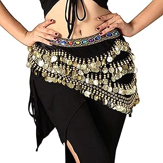 conobo Conbo Belly Dance Hip Skirt Tassel Scarf Sequin Wrap Rave Costume for Women (Gold), One Size