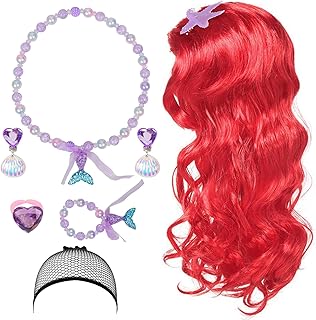 LOOPES 7Pcs Mermaid Costume Wig Set,Princess Red Long Curly Wig Hair with Mermaid Tail Necklaces Jewellery Accessories Dress Up Little Mermaid Gifts for Girls Kids Cosplay Christmas Halloween Birthday