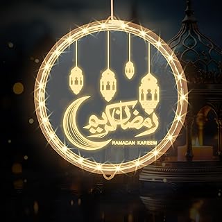 ثريتولز مصابيح LED ثلاثية الابعاد لشهر رمضان والعيد ورمضان بتصميم اسلامي مبارك، اضواء دافئة لديكور النافذة والعيد المبارك، مصابيح معلقة على شكل قمر للاماكن الخارجية والداخلية وغرفة النوم وديكور