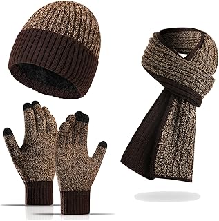 Men's and Women's Winter Knit Hat Beanie Long Scarf Touch Screen Glove Set Hat Neck Warm Glove Set with Fleece Lining black, One Size