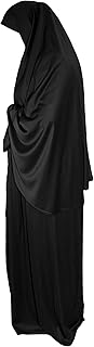 Womens Maxi Dress with Attached Headscarf Hijab and Long Sleeves Stretchy Jersey Abaya Kaftan Muslimah Style Prayer Set, Black,