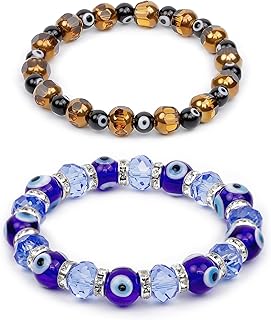 FLYEMMET 2Pcs Evil Eye Bracelet for Women, Crystal Turkish Eye Kabbalah Protection Luck Amulet Beaded Bracelet Set Jewelry Gift for Best Friends