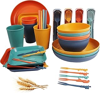 52-Piece Unbreakable Crockery Set, Reusable Camping Tableware Set for 4 People, Picnic Tableware, Plastic Crockery Sets with Plate Set, Bowl, Cup, Straw