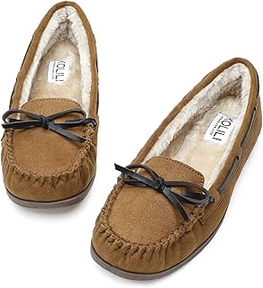 Womens Faux Fur Moccasin Slippers, Indoor Outdoor Warm & Cozy House Shoes with Durable Rubber Sole