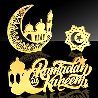 Ahzemepinyo 3 Pieces Ramadan Eid Decorative Ornaments: Wooden Acrylic Table Signs - Classic Design - Gold - 31 x 13.5 cm, 22 x 22 cm, 8 x 8 cm