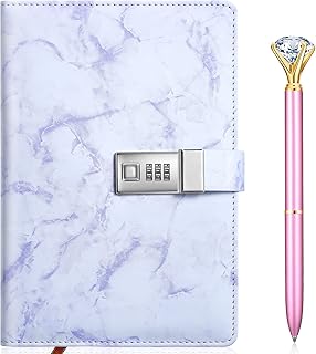 Zonon Diary with Lock Marble PU Leather A5 Journal Combination Lock Secret Personal with Diamond Pen for Girls Women Boys(Purple)