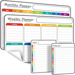 مجموعة لوحات تقويم قابلة للمسح الجاف من 4 قطع (غير مغناطيسية) - دفتر ملاحظات شهرية واسبوعية ويومية وقائمة المهام - سبورة بيضاء للثلاجة والجدار والزجاج والبلاط والرخام - المنزل والمطبخ ومخطط الجدول