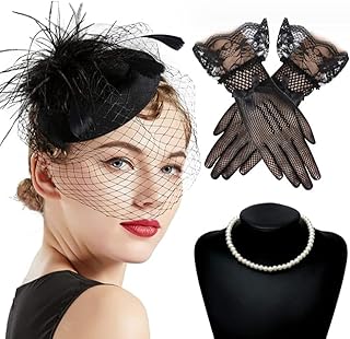 Boolygo Fascinators for Women Tea Party Hat and Lace Gloves Funeral Hat 50s Vintage Hat Wedding Feather Veil Hair Clip