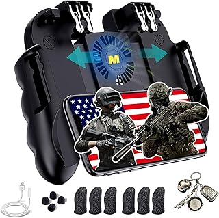 Mikirini 8 in 1 Cell Phone Game Controller w/Cooling Fan, Mobile Game L2R2 Triggers Gamepad for PUBG/Fortnite/Call of Duty for 4.7-6.5" Android iOS Phone with 6pcs Finger Sleeves