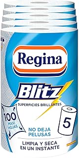 ريجينا ورق مطبخ من بليتز، 5 لفات، 100 ورقة ماكسي، 3 طبقات، مثالي لتنظيف الاسطح المنزلية، خالي من الوبر، تغليف ورقي قابل لاعادة التدوير، ورق معتمد من مجلس رعاية الغابات بنسبة 100%