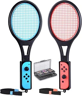 Tendak Tennis Racket for Nintendo Switch&Switch OLED Joy-Con, Grip Sports Game Accessories for Mario Tennis Aces Game with 12 in 1 Game Card Case (2 Pack, Black)