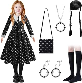 Yuragim Children's Costume Set, Black Costume for Girls with Wig, Black Dress, Children's Carnival Costume, Cosplay, Halloween Party Outfit (130)