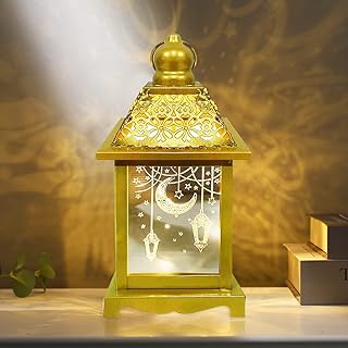 فانوس رمضان من يوولتي بتصميم كبير مقاس 20.5 سم مع شمعة LED، ديكورات رمضان بإضاءة بلون أبيض دافئ للمنزل، فانوس رمضان مزخرف ذهبي، بنمط إضاءة على شكل هلال ونجوم