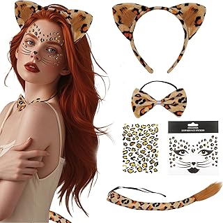 Lufdegim Leopard Costume Women's 5 Pieces Leopard Costume Leopard Ears Leopard Tail Bow Tie Tattoo Face Set for Animal Costume Carnival Halloween