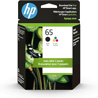 HP خراطيش حبر اصلية 65 اسود/ثلاثي الالوان (عبوة من قطعتين) | تعمل مع سلسلة AMP 100، ديسك جيت 2600، سلسلة 3700، سلسلة انفي 5000 | مؤهلة للحبر الفوري | T0A36AN