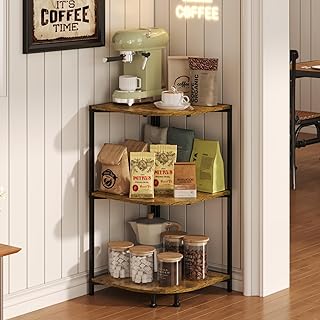 keomaisyto Coffee Bar Station, 3-Tier Corner Coffee Stand with Storage Shelf & 18.7" Countertop, Rustic Wood Coffee Bar Table with Adjustable Feet for Kitchen/Entrance/Living Room/Dining Room