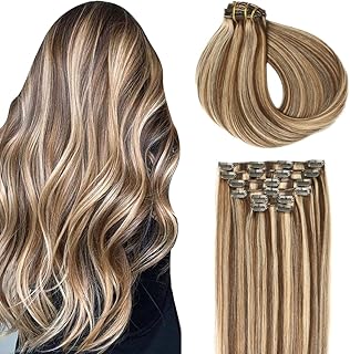 SURNEL Clip in Human Hair Extensions Silk Soft Remy Human Hair Color 4 Medium Brown Highlighted 27 Caramel Blonde Clip in Hair Extensions 18 inch 120 Gram 6 Pcs Double Weft (#4P27, 18'')