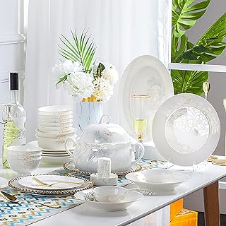 42 Pieces Dinner Set, Porcelain White Home Kitchen Serving Bone China Dinnerware Combi-Set with Round Cereal Bowls Dessert Plates Soup Pot Service for 6 People Dishwasher Microwave Oven Safe