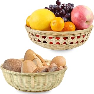 2Pack Natural Bamboo Round Bread Basket Bowls, Premium Reusable Light-weight Kitchen Organizers Foods Fruit Basket, Vegetables Fruits, Bread, Snacks, Cookies, Eggs Storage Basket, 9.4 * 2.8inch