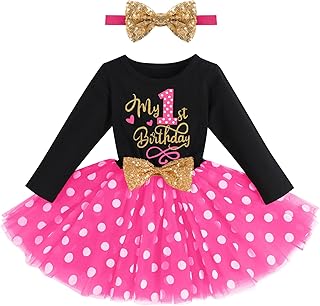 Baby Toddler Girls My 1st / 2nd / 3rd Birthday Dress Cotton Long Sleeve Tulle Dress A-line Princess Party Dresses with Headband Outfit Photo Shoot Costume, Black+Rose - 1st Birthday, 1 Jahr